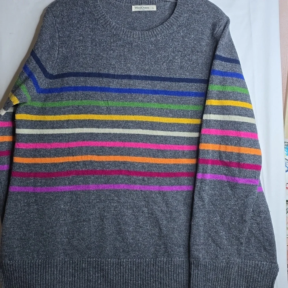 WoolOvers Crewneck Pullover Grey Rainbow Stripes Pure Merino Wool - Picture 3 of 8
